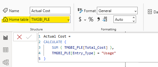 Screenshot of Power BI showing a measure named 'Actual Cost' with a DAX formula that calculates total cost based on entry type.
