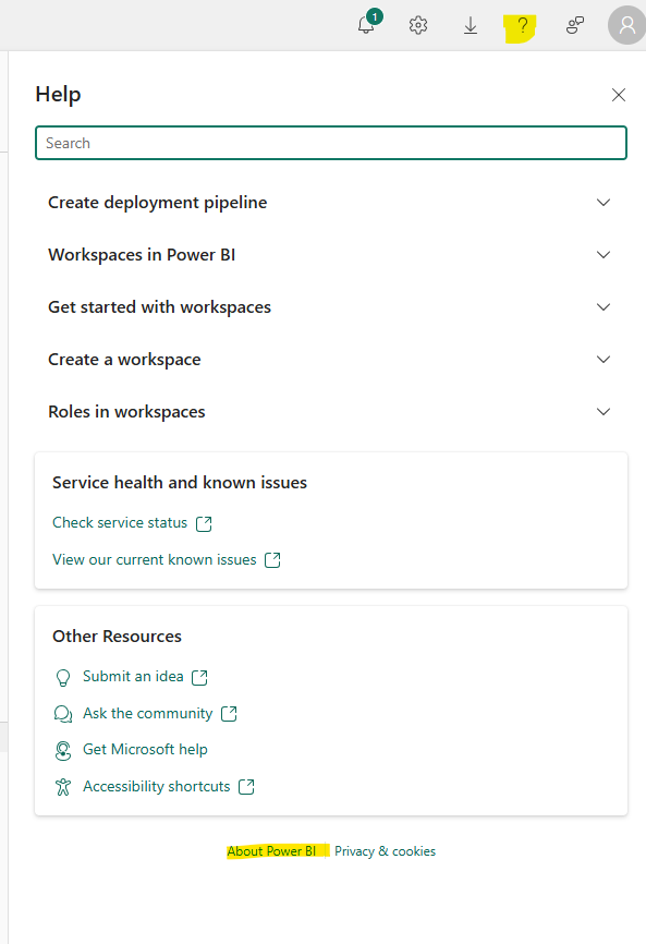Screenshot of the Power BI help interface, highlighting the 'About Power BI' section and options for creating deployment pipelines, workspaces, and accessing service health information.