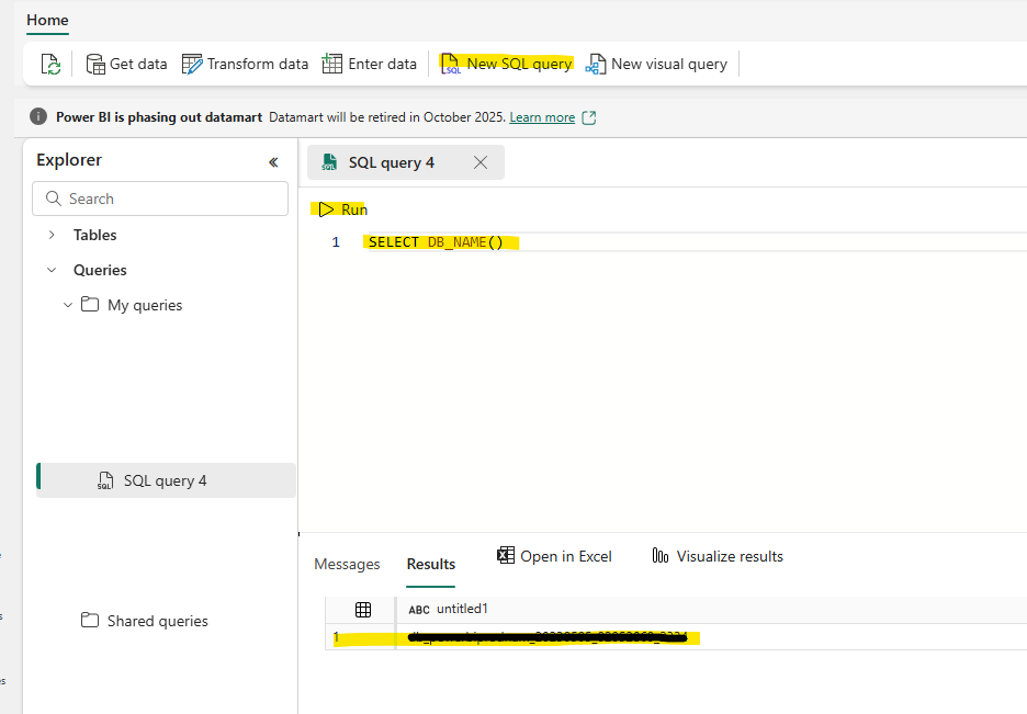 Screenshot of a SQL query editor in Power BI with the query 'SELECT DB_NAME()' highlighted.