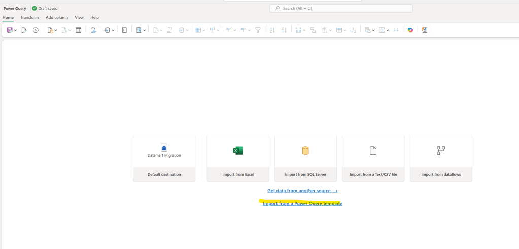 Power Query interface showing options for data import and migration, including 'Datamart Migration' button and 'Import from a Power Query template' link.
