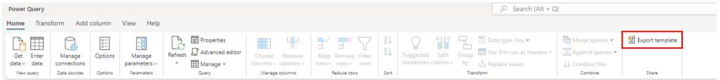 Screenshot of Power Query interface highlighting the 'Export template' option in the menu.