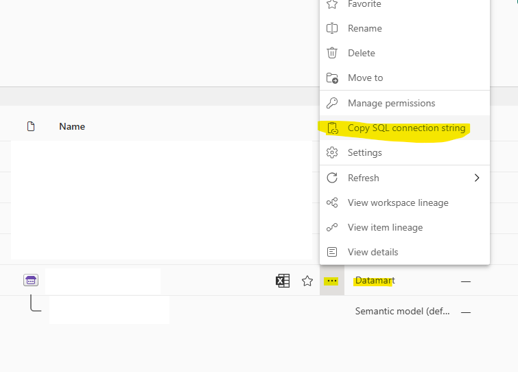 Screenshot showing the option to 'Copy SQL connection string' in a menu related to a Datamart in a workspace.