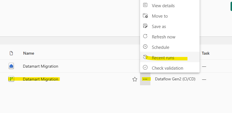 Screenshot of a user interface showing the 'Datamart Migration' process with options like 'View details', 'Move to', and 'Recent runs'.