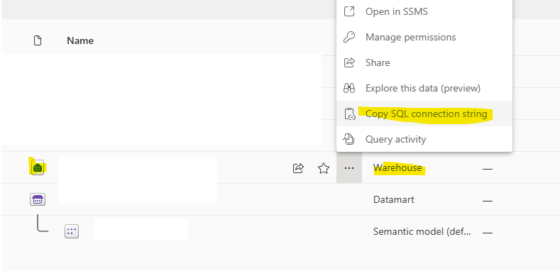 Menu interface showing options in a data management tool, highlighting 'Copy SQL connection string' feature.